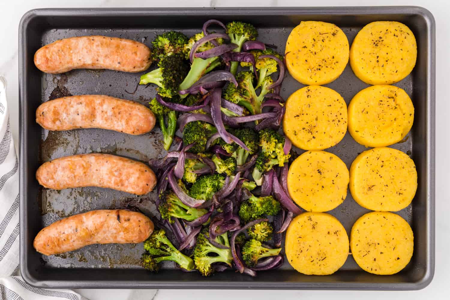 Completed cooked sheet pan dinner.