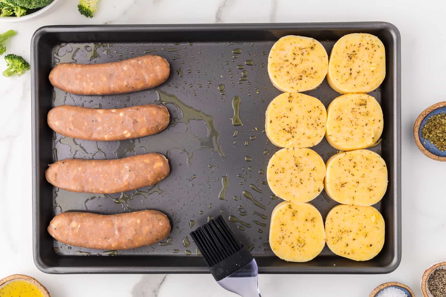 Sausage added to pan.