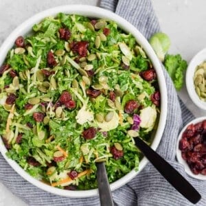 Overhead view of kale salad with dried cranberries.