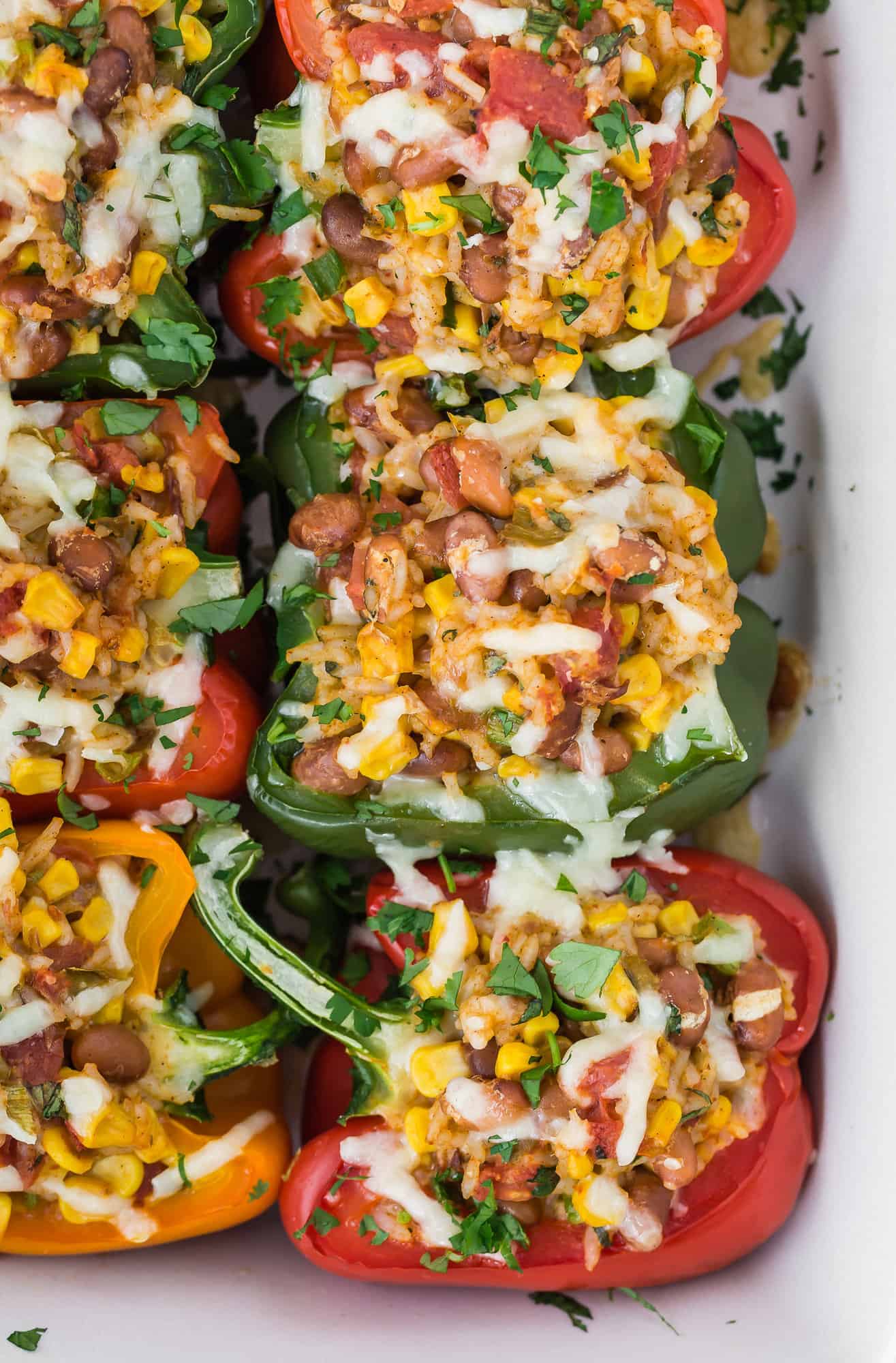 Stuffed peppers in a casserole dish.