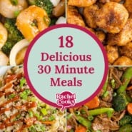 Graphic with text that reads "18 delicious 30 minute meals."