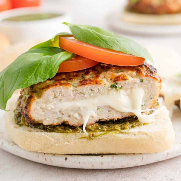 Mozzarella stuffed caprese turkey burger.