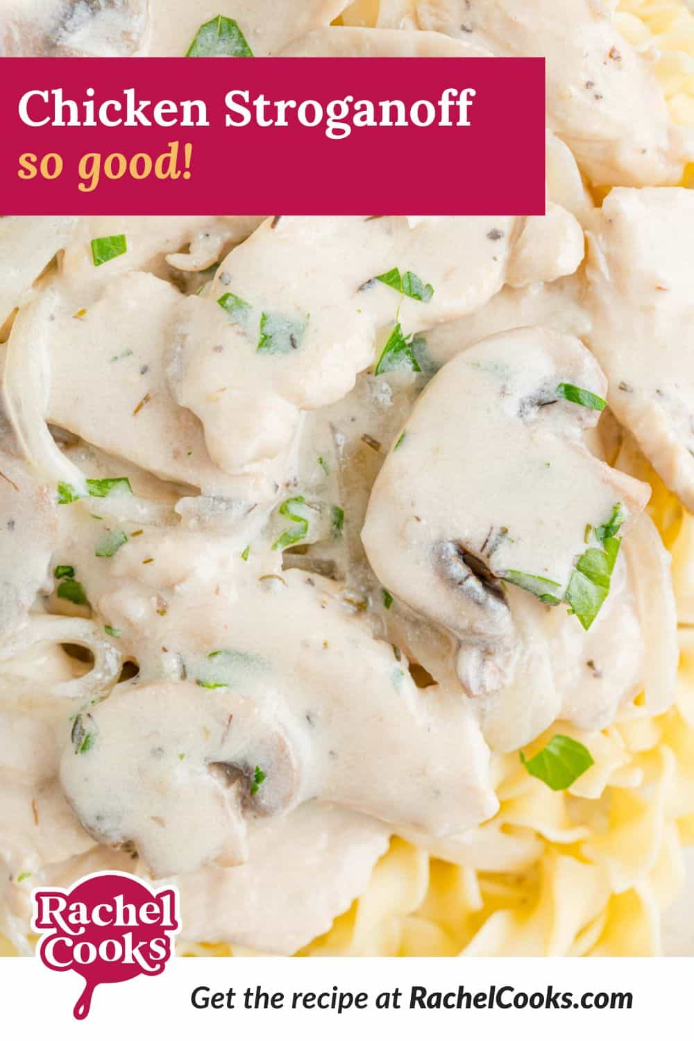 Pinterest graphic for chicken stroganoff recipe.