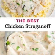 Pinterest graphic for chicken stroganoff recipe.