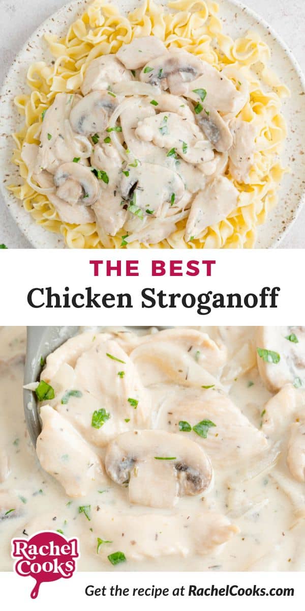 Pinterest graphic for chicken stroganoff recipe.