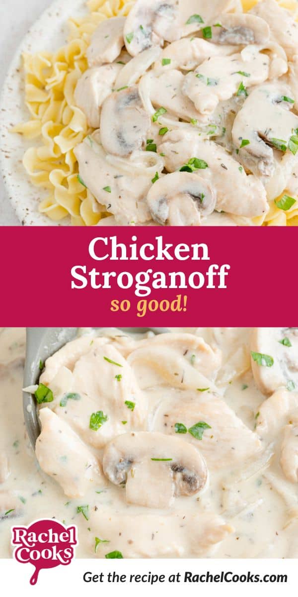 Pinterest graphic for chicken stroganoff recipe.