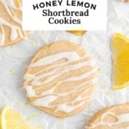 Pinterest graphic for honey lemon shortbread cookies, with text.