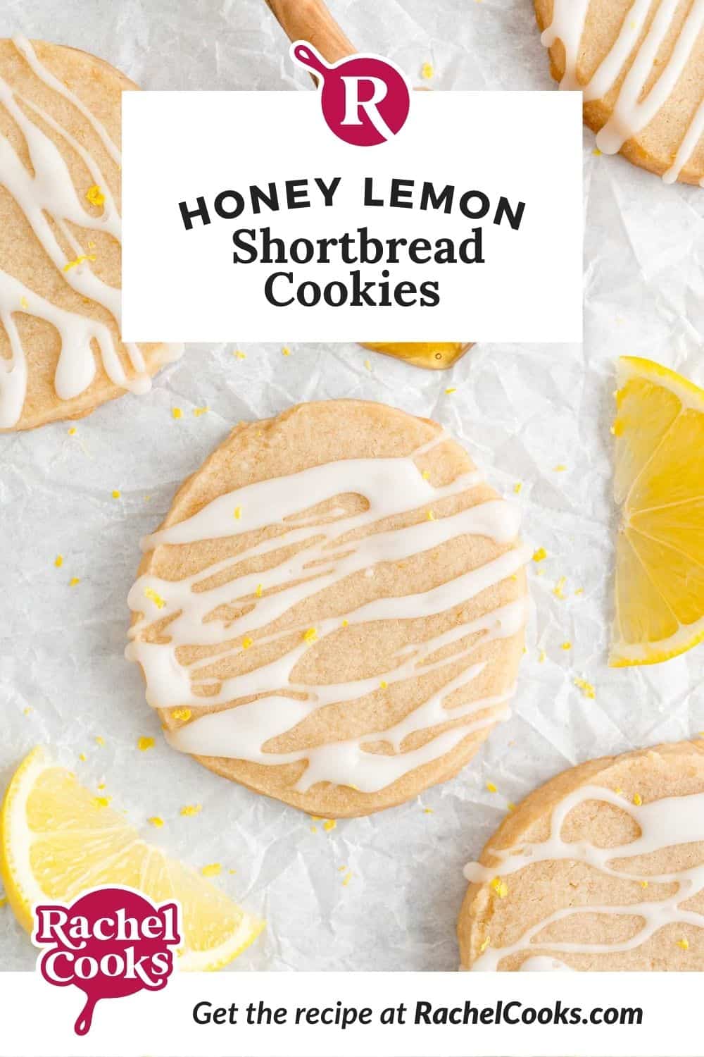 Pinterest graphic for honey lemon shortbread cookies, with text.