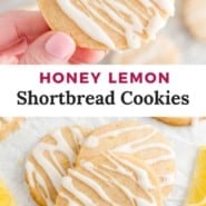 Pinterest graphic for honey lemon shortbread cookies, with text.