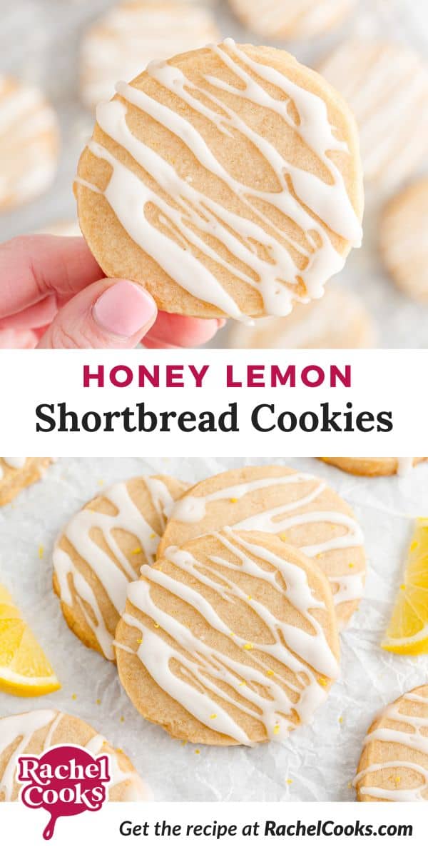 Pinterest graphic for honey lemon shortbread cookies, with text.