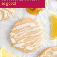 Pinterest graphic for honey lemon shortbread cookies, with text.
