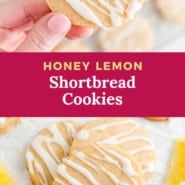 Pinterest graphic for honey lemon shortbread cookies, with text.