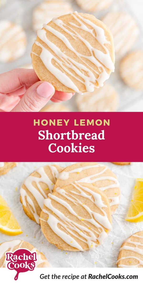Pinterest graphic for honey lemon shortbread cookies, with text.