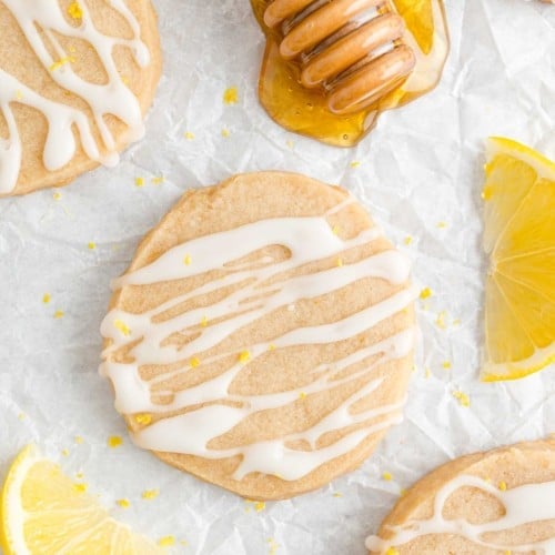 Lemon shortbread cookies with honey lemon glaze.