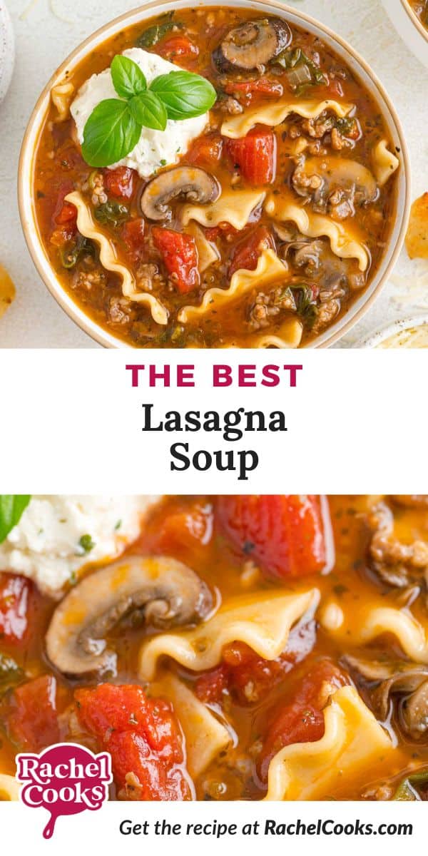 Pinterest image for lasagna soup recipe.