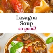 Pinterest image for lasagna soup recipe.