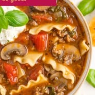 Pinterest image for lasagna soup recipe.