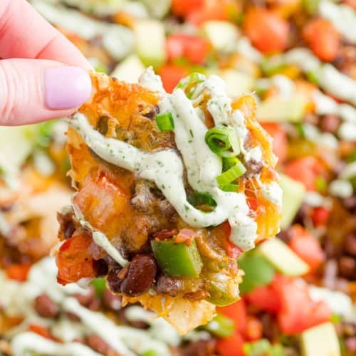 Vegetarian nachos held in a hand.