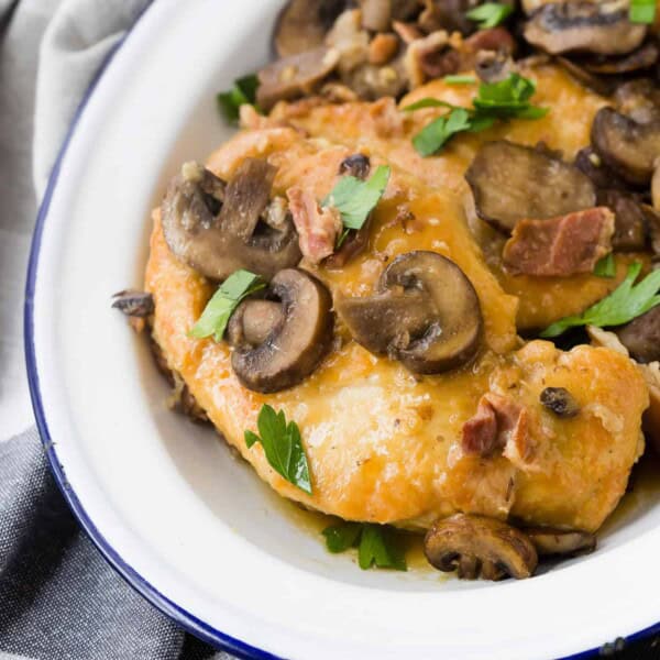 Instant pot chicken marsala on white platter.