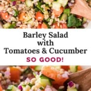 Barley salad Pinterest graphic with text and photos.