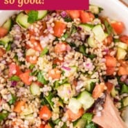 Barley salad Pinterest graphic with text and photos.