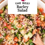 Barley salad Pinterest graphic with text and photos.