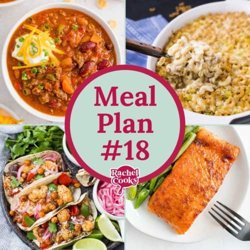 Meal plan 18 graphic with text and recipe photos.