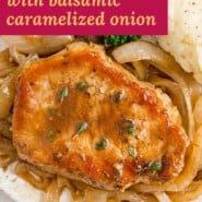 Pork chops with balsamic caramelized onions pinterest graphic.
