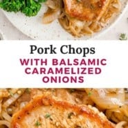 Pork chops with balsamic caramelized onions pinterest graphic.