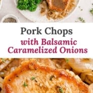 Pork chops with balsamic caramelized onions pinterest graphic.