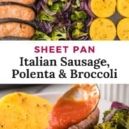 Pinterest image for sheet pan Italian sausage, polenta, and broccoli.