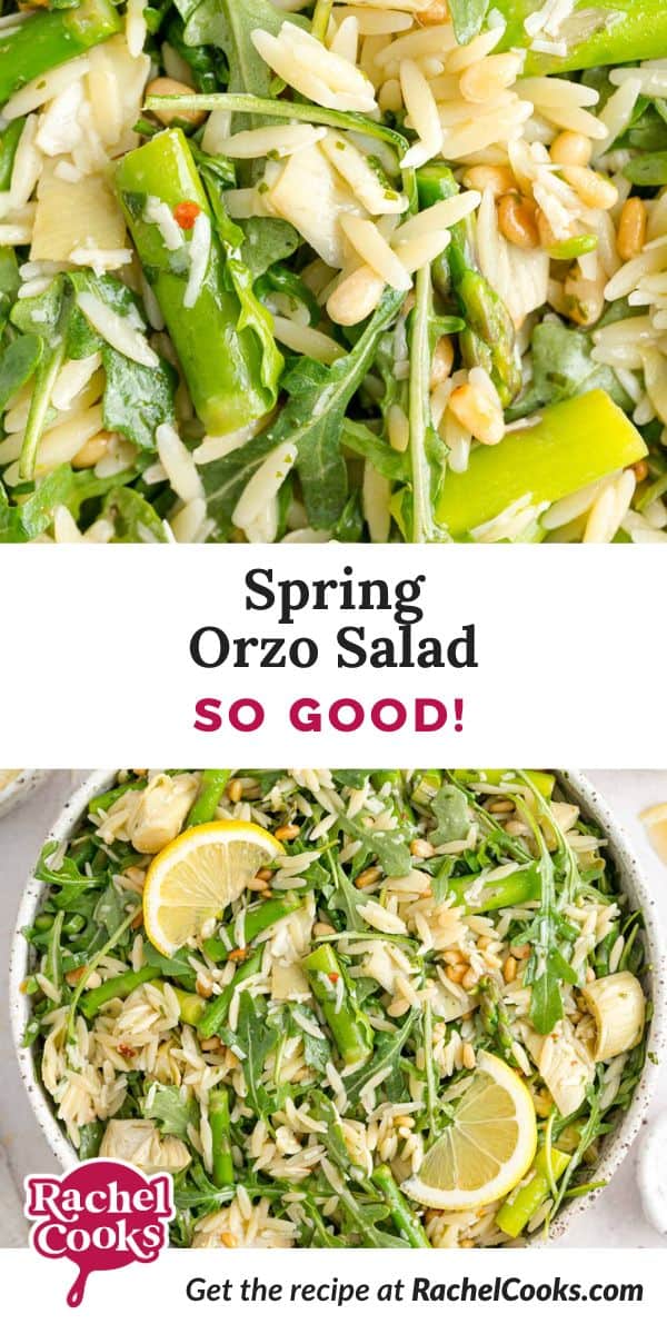 Spring orzo salad pinterest graphic.