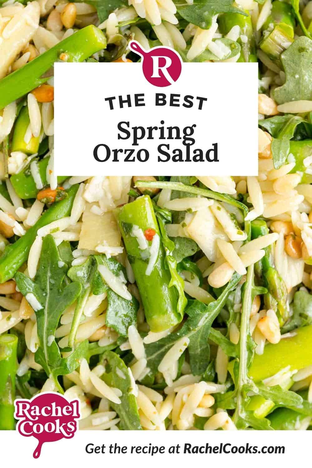 Spring orzo salad pinterest graphic.