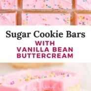 Pinterest graphic for sugar cookie bars, with text and photos.