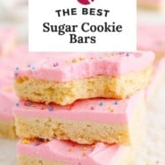 Pinterest graphic for sugar cookie bars, with text and photos.