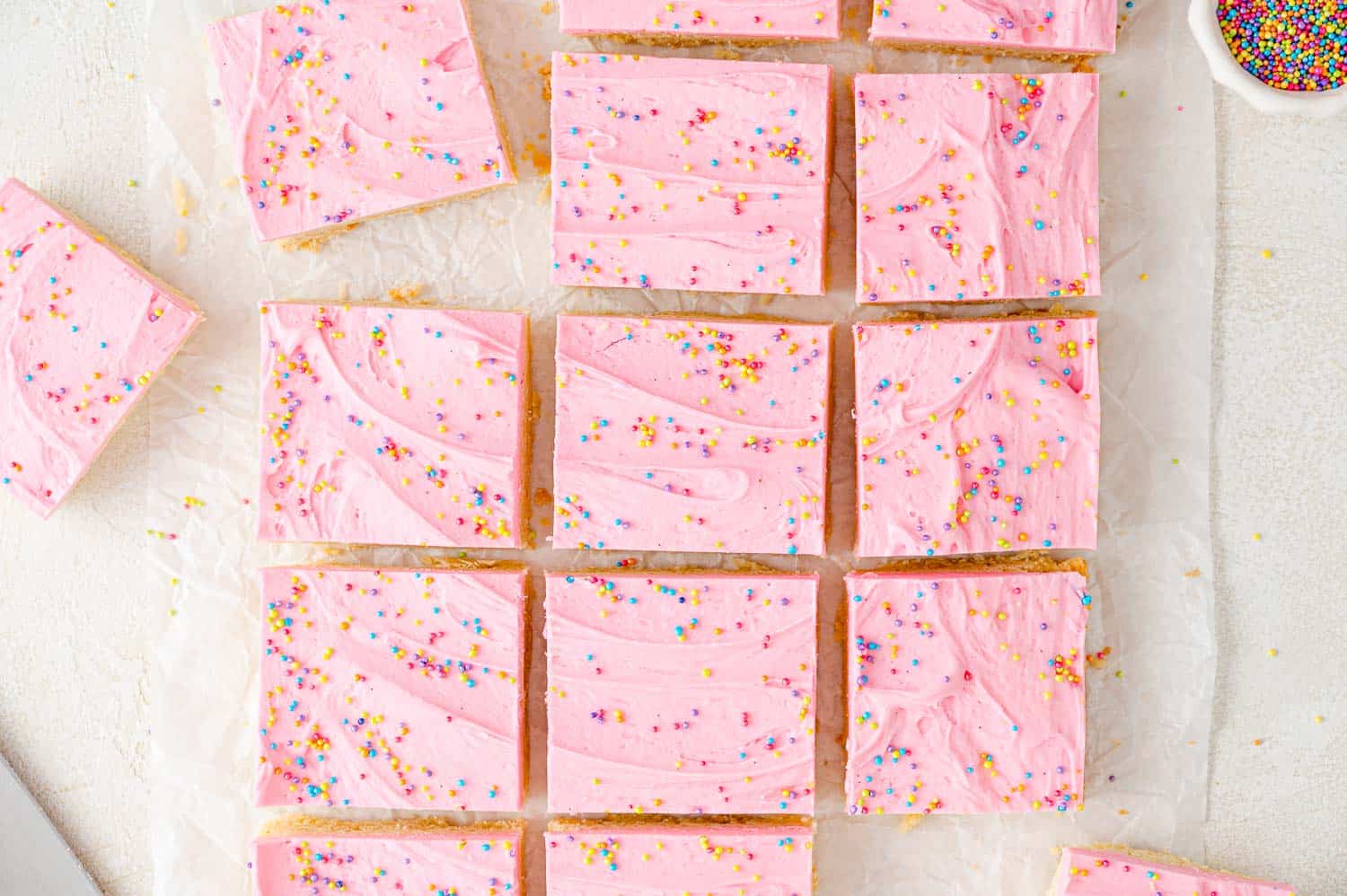 Sugar cookie bars cut into squares.