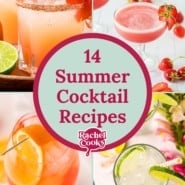 Summer cocktail recipes list graphic with text and photos.