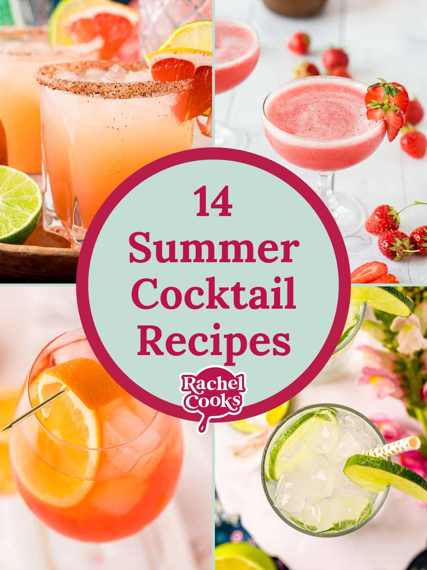 Summer cocktail recipes list graphic with text and photos.
