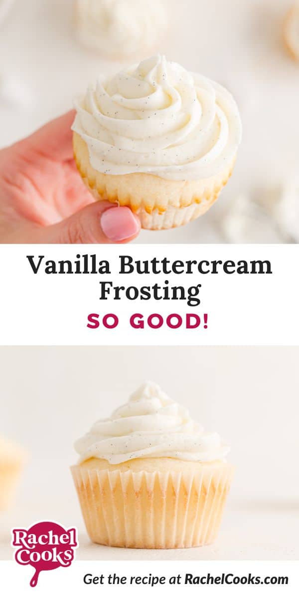 Vanilla buttercream frosting Pinterest graphic.