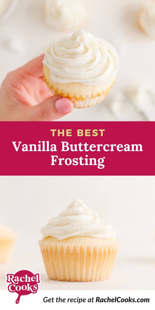 Vanilla buttercream frosting Pinterest graphic.