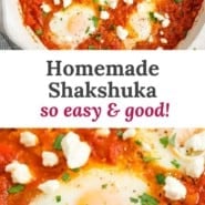 Pinterest graphic for homemade shakshuka recipe.