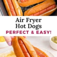 Air fryer hot dogs pinterest graphic with text and photos.