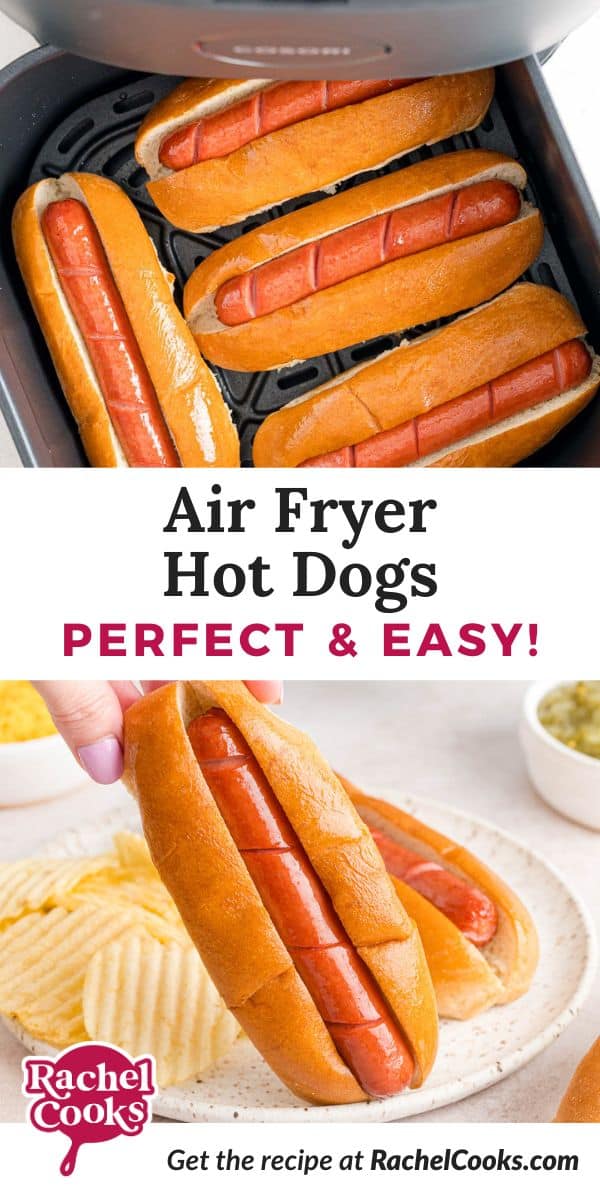 Air fryer hot dogs pinterest graphic with text and photos.