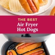 Air fryer hot dogs pinterest graphic with text and photos.