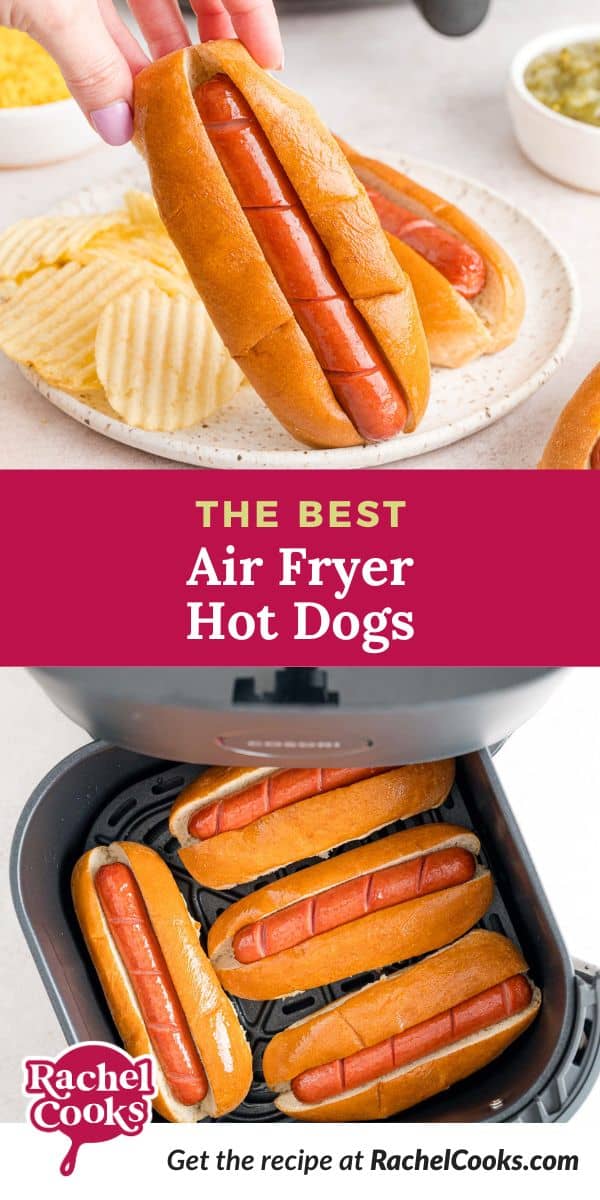 Air fryer hot dogs pinterest graphic with text and photos.