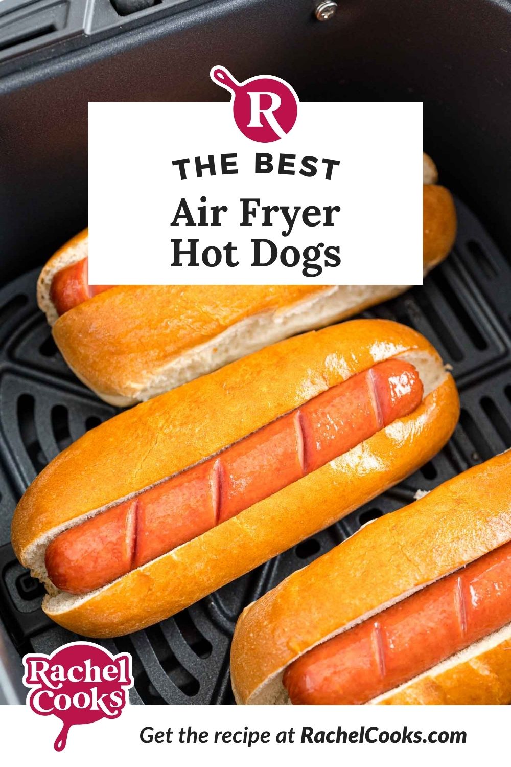 Air fryer hot dogs pinterest graphic with text and photos.