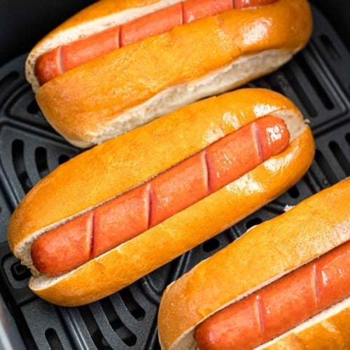 Air fryer hot dogs in buns.