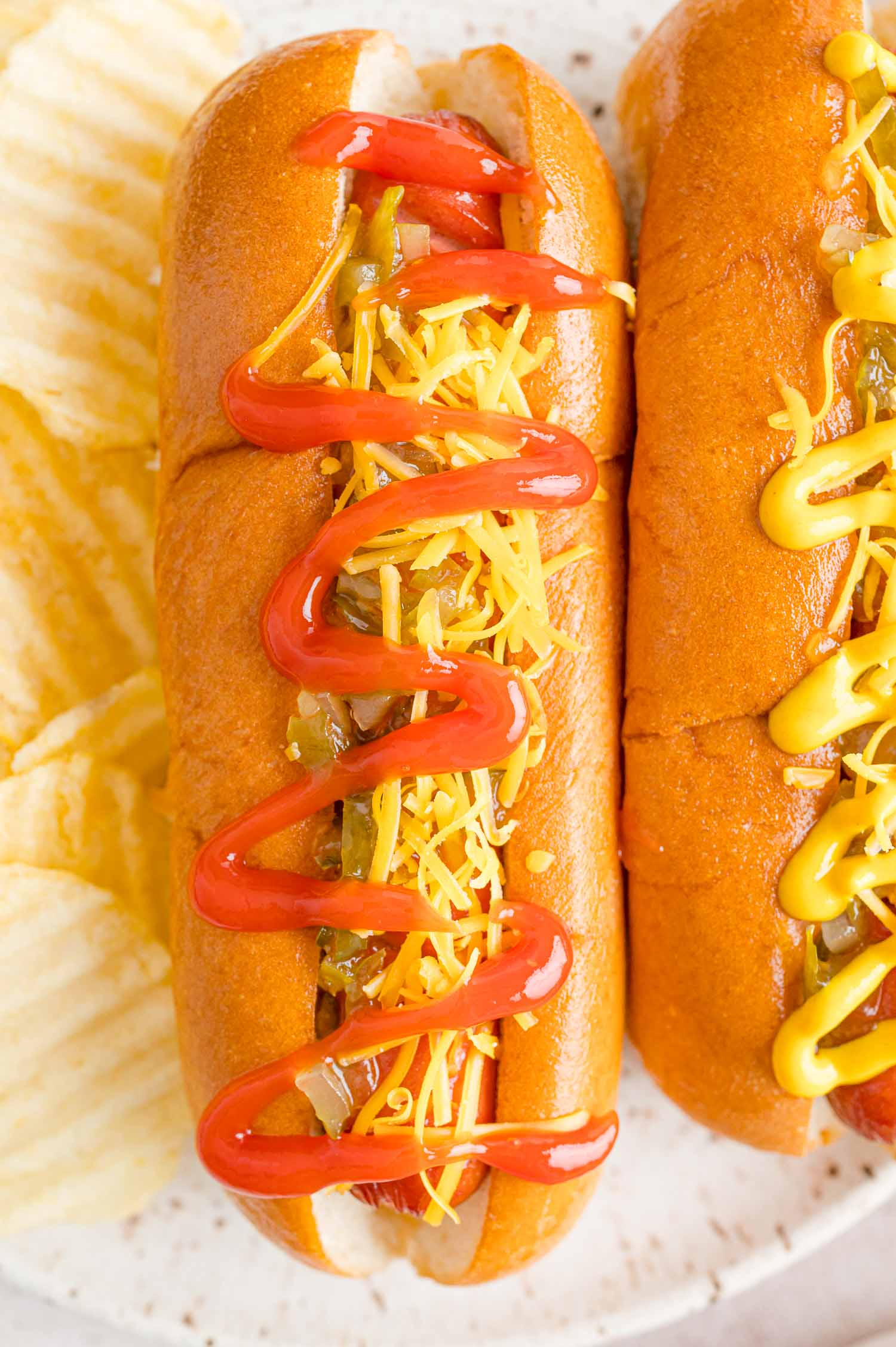 Hot dogs with toppings.
