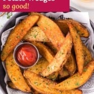 Air fryer potato wedges Pinterest graphic with text and photos.