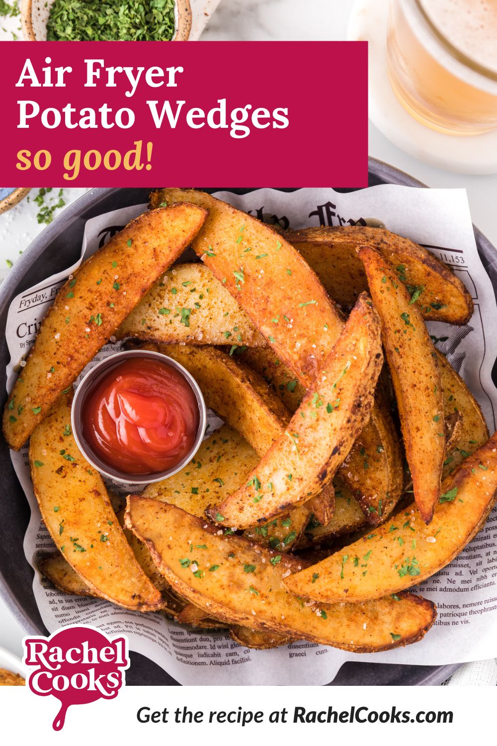 Air fryer potato wedges Pinterest graphic with text and photos.